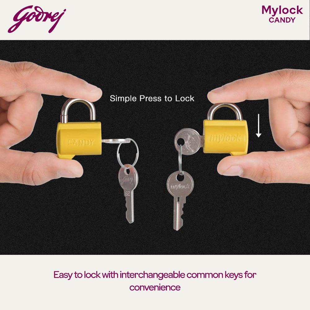 Godrej MyLock Candy Turmeric Yellow Pack of 4 | Common Keys | Self-Locking Padlock | Rust Resistant | ABS Body | Travel Lock | CPU & Bag Lock | Tamper-Proof | 1 Year Warranty